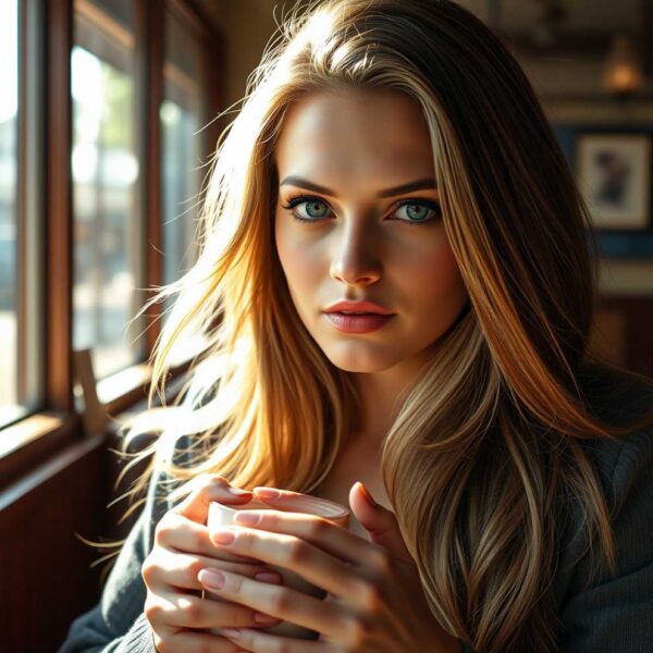 Girl holding coffee with sunlight in her hair