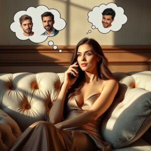 Girl on couch with thought bubbles about boys